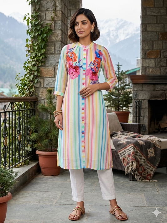 Mul Chanderi Kurta Pant with Strip & Floral Print in Candy Colors
