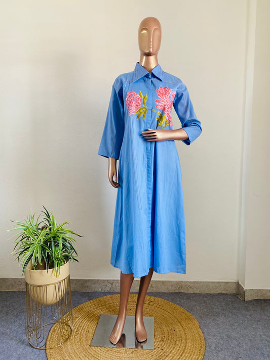 Embroidered Linen Tunic in Denim Color