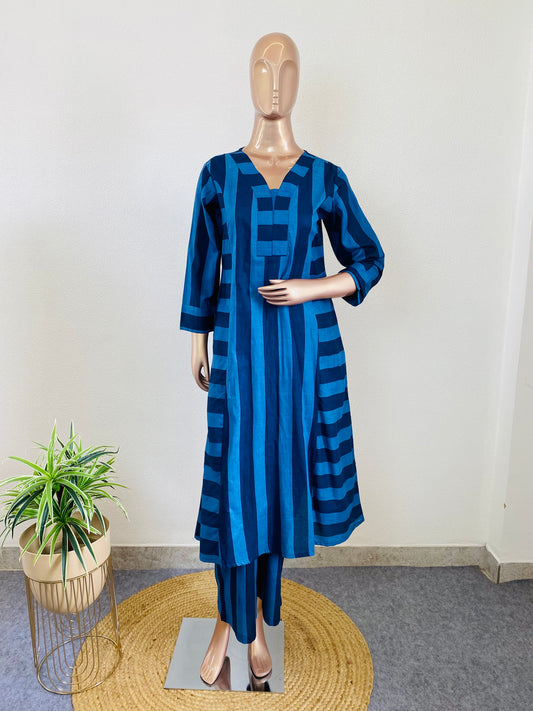 Cotton Kurta Pant Set with Stripe Print- Blue