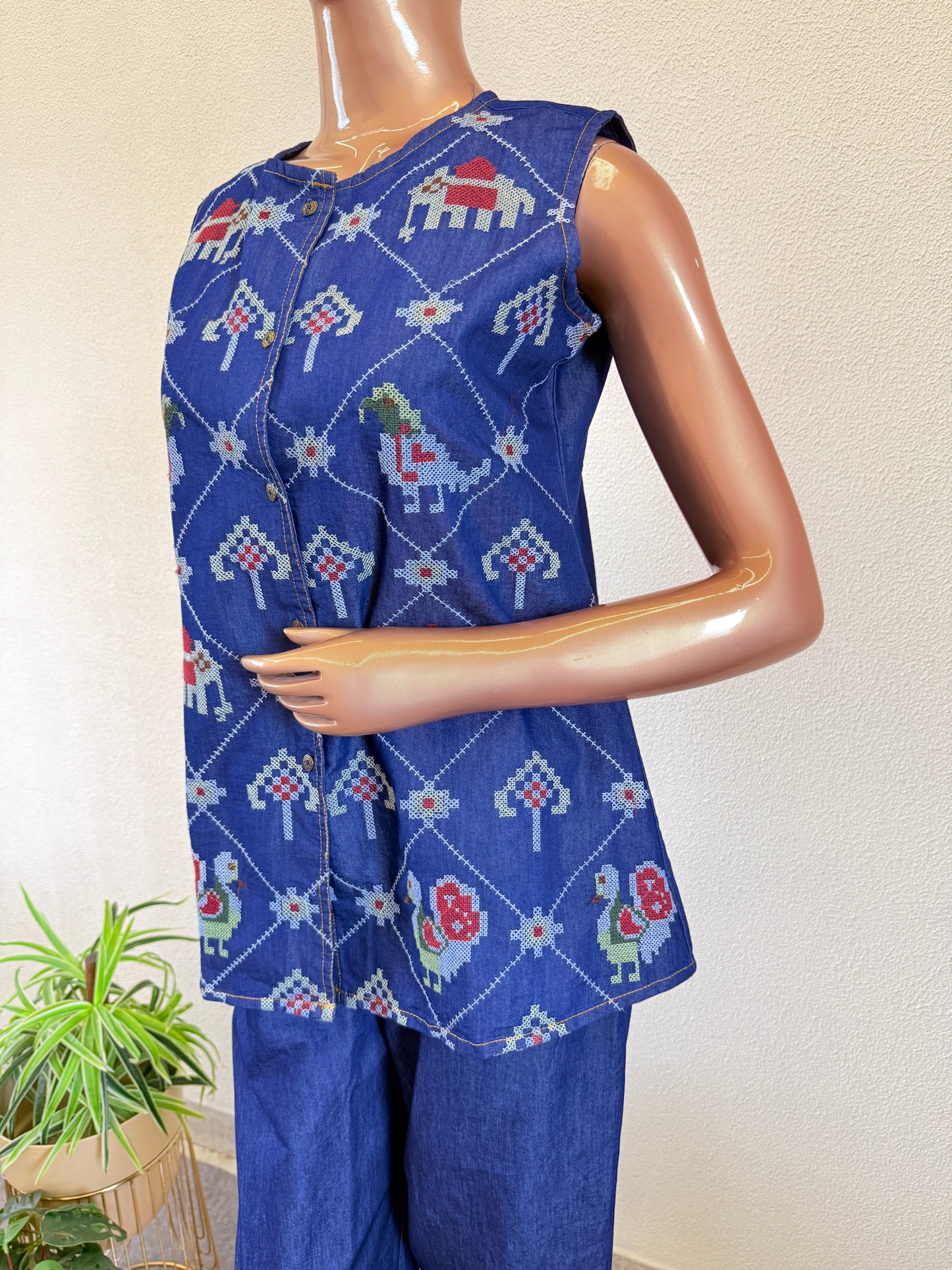 Patola Folk Embroidered Sleeveless Denim Co-Ord Set with Wide-Leg Pants