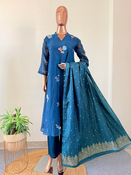 Applique work Mul Chanderi Suit with Silk Dupatta