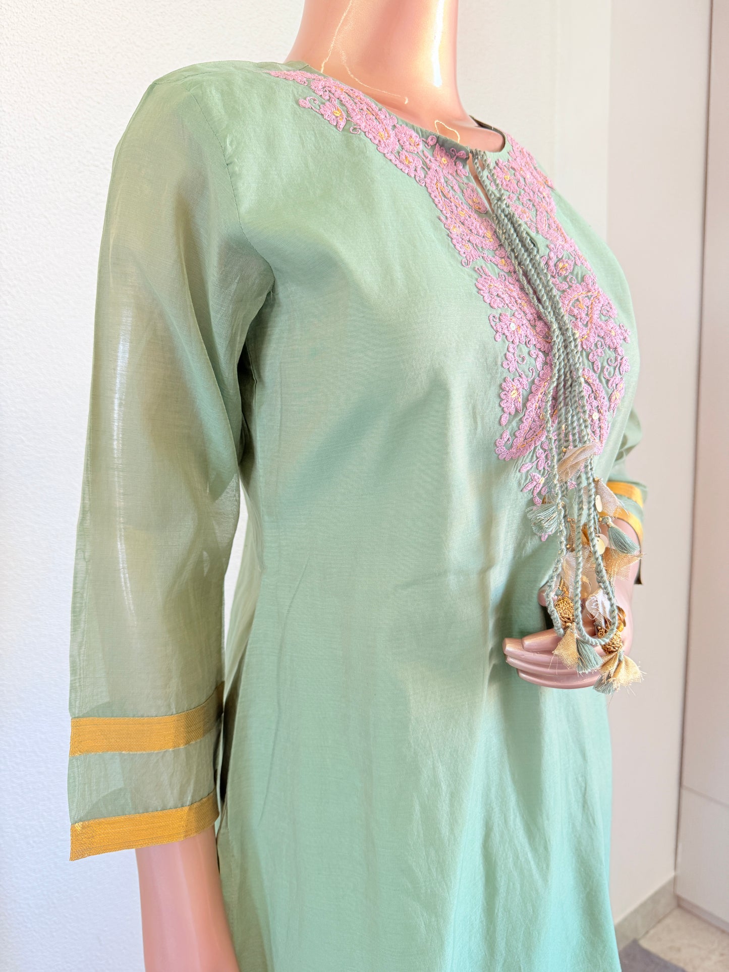 Chanderi Kurta Palazzo Suit Set with Aari work and Contrast Dupatta
