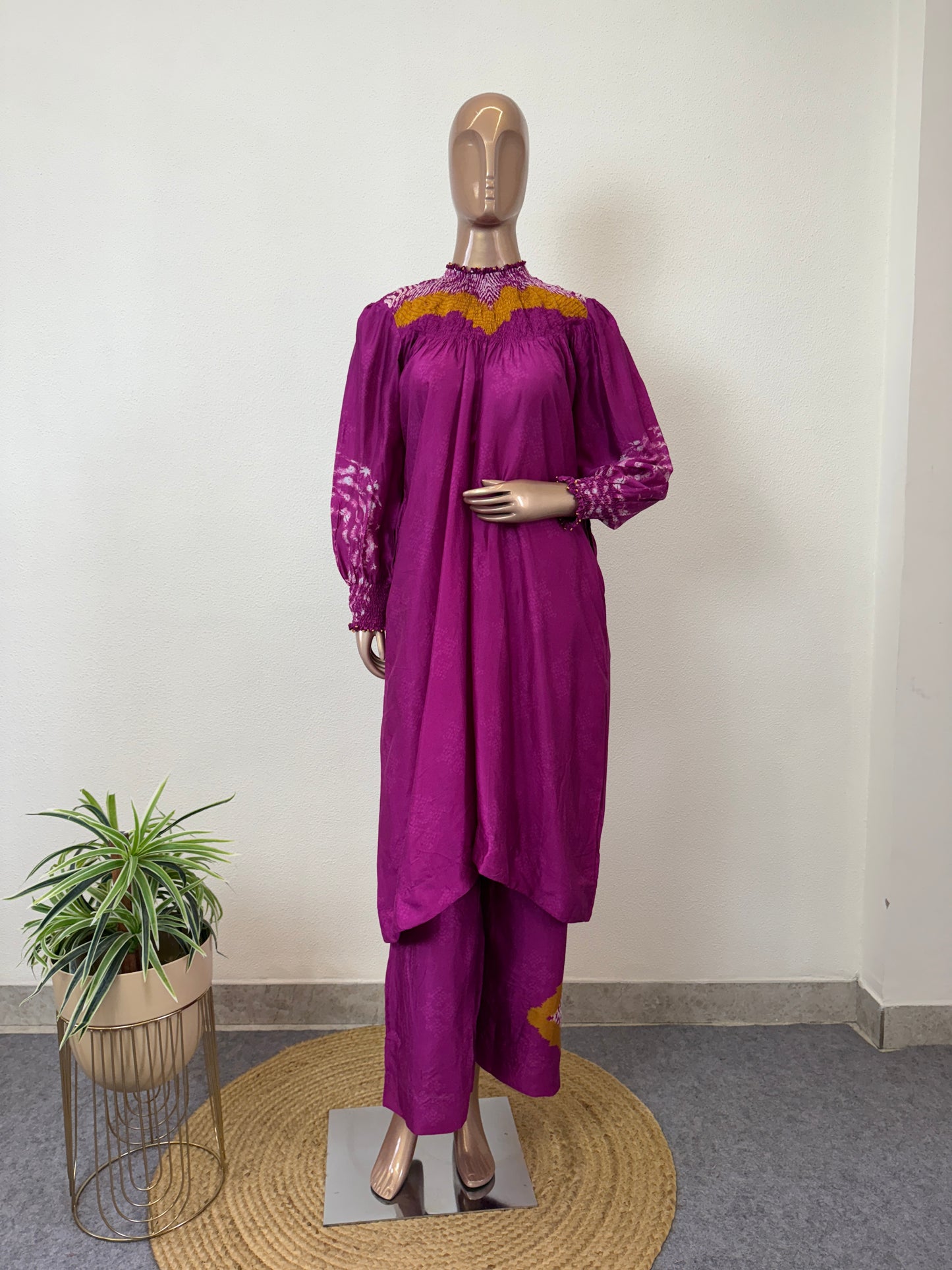 Premium Silk Kurta Pant set with Smoked Neckline- Wine