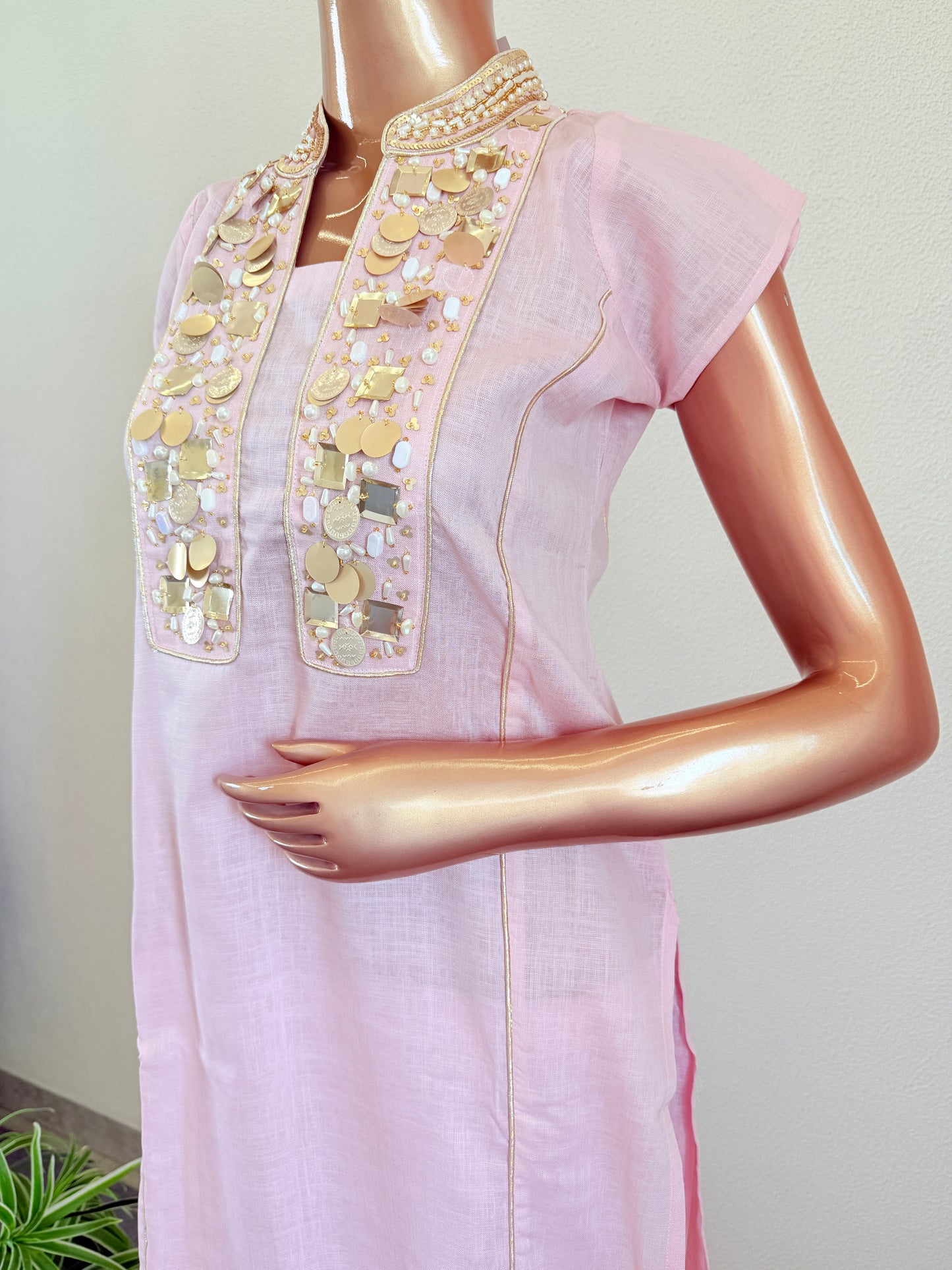 Pastel Pink Cap Sleeve Straight Kurti with Mirror-Embellished Panel and Trousers