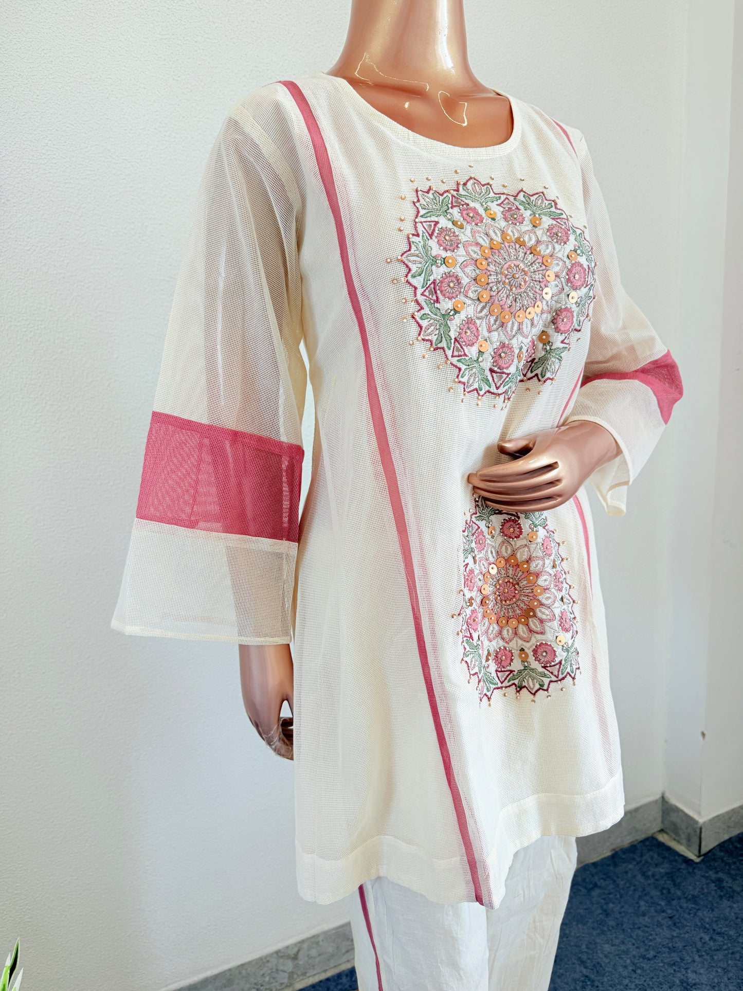 Super Net Cotton Coord Set with Pink Mandala Embroidery and Sequins