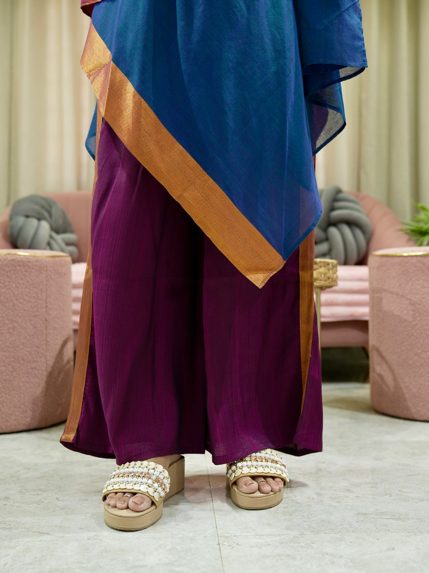 Chanderi Kaftan Indo Western with Neck Piece - Blue