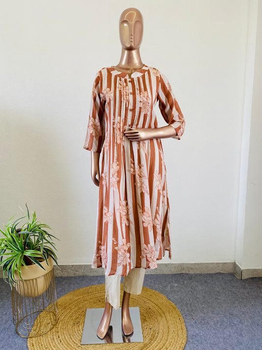Floral & Stripes Mul Cotton Kurta Pant Set
