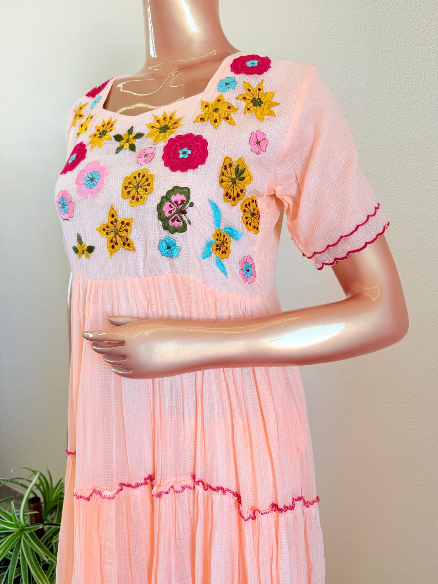 Pure Kota Doria Tiered Pattern Suit with Hand Work on Yoke