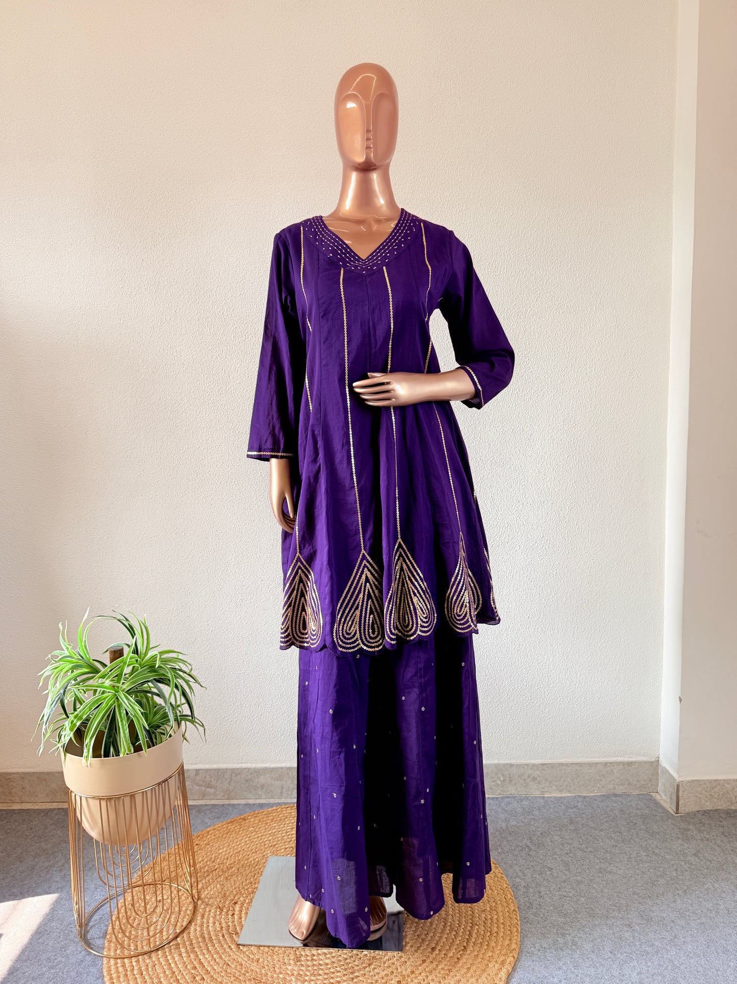 Sequin Work Short Anarkali Suit Set- Purple