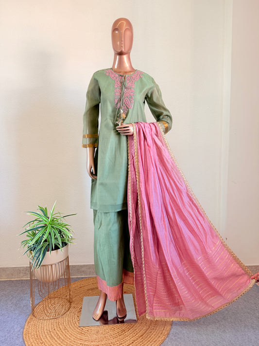Chanderi Kurta Palazzo Suit Set with Aari work and Contrast Dupatta