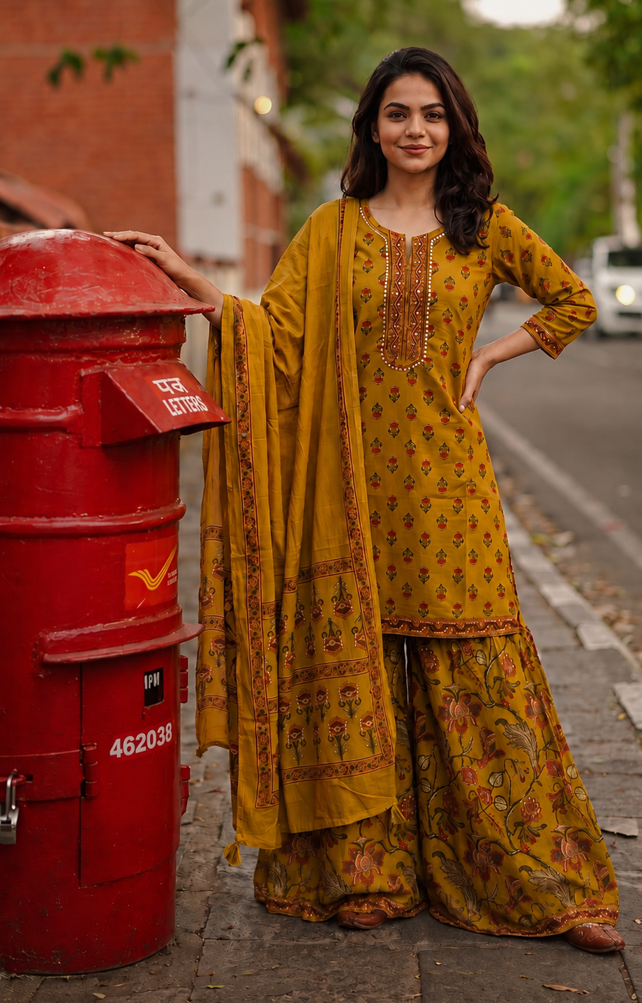 Mirror & Beadwork Embroidered Cotton Suit Set with Flared Sharara Palazzo