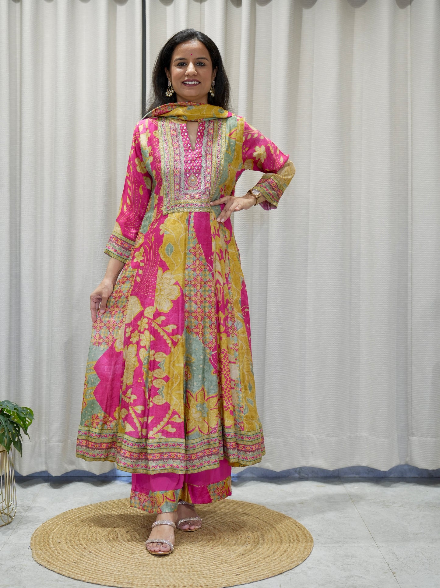 Premium Designer Digital Print Dola Silk Anarkali Set