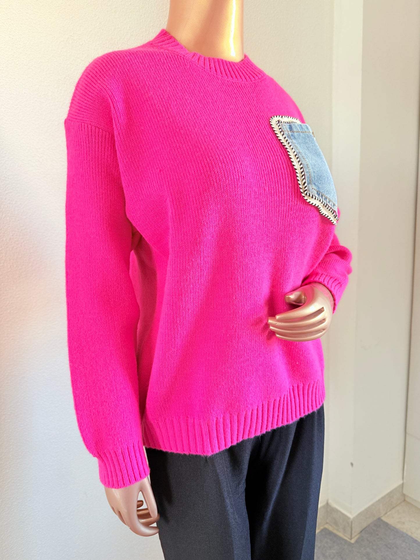Woollen Sweater with Denim Pocket - Hot Pink
