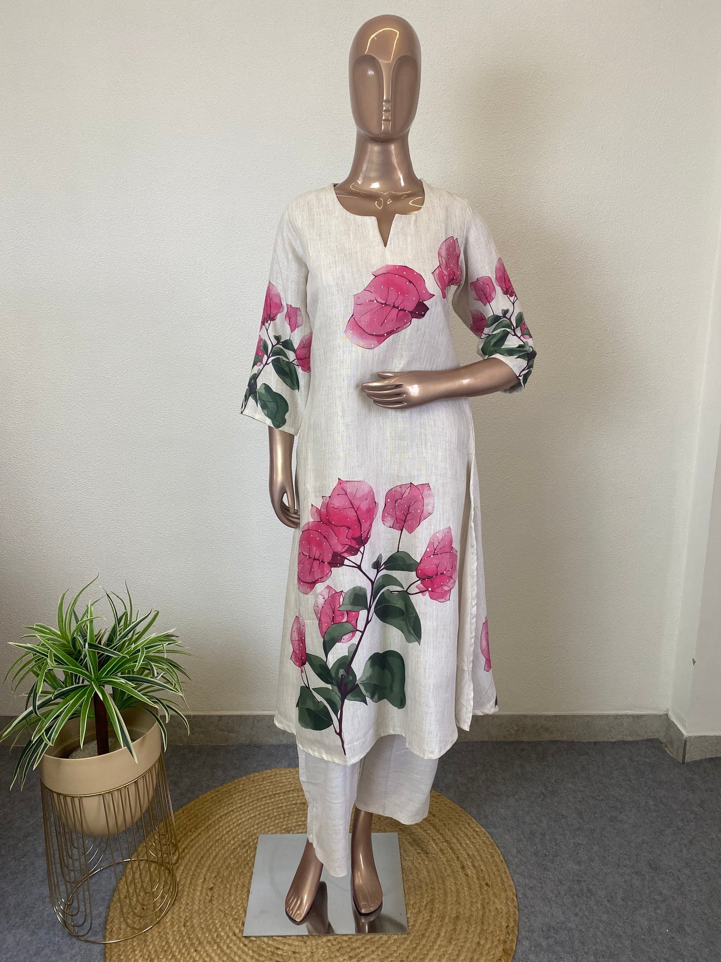 Linen Suit Set with Bougenvillia Flower Print