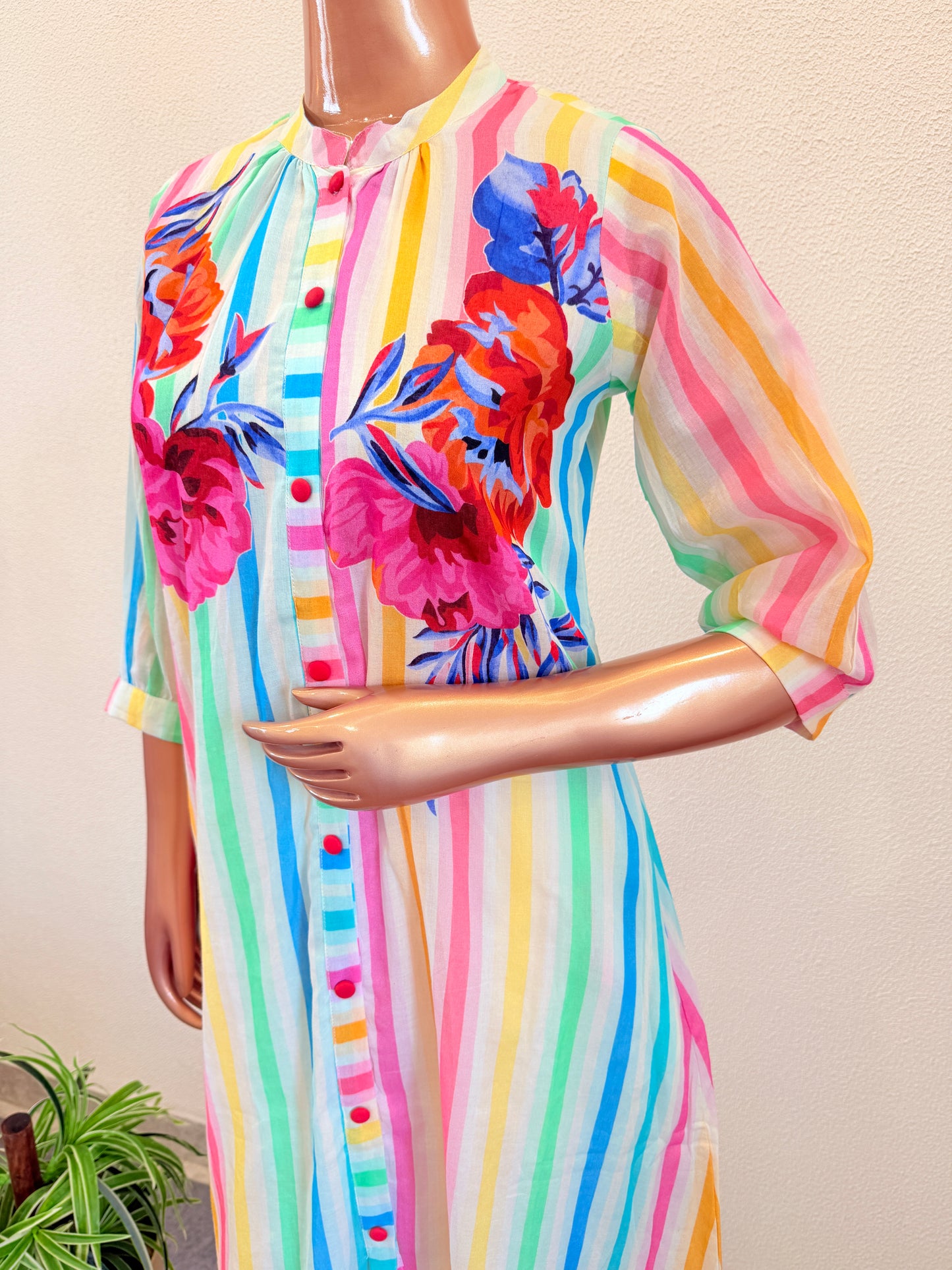 Mul Chanderi Kurta Pant with Strip & Floral Print in Candy Colors