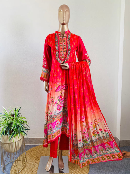 Printed Muslin A-line Suit Set-Red