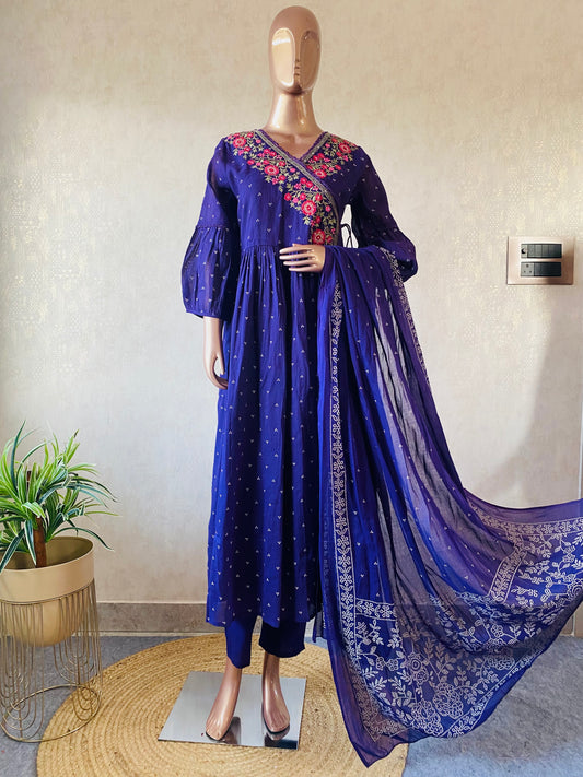 Bandhani Print Mul Cotton Angrakha Set- Purple