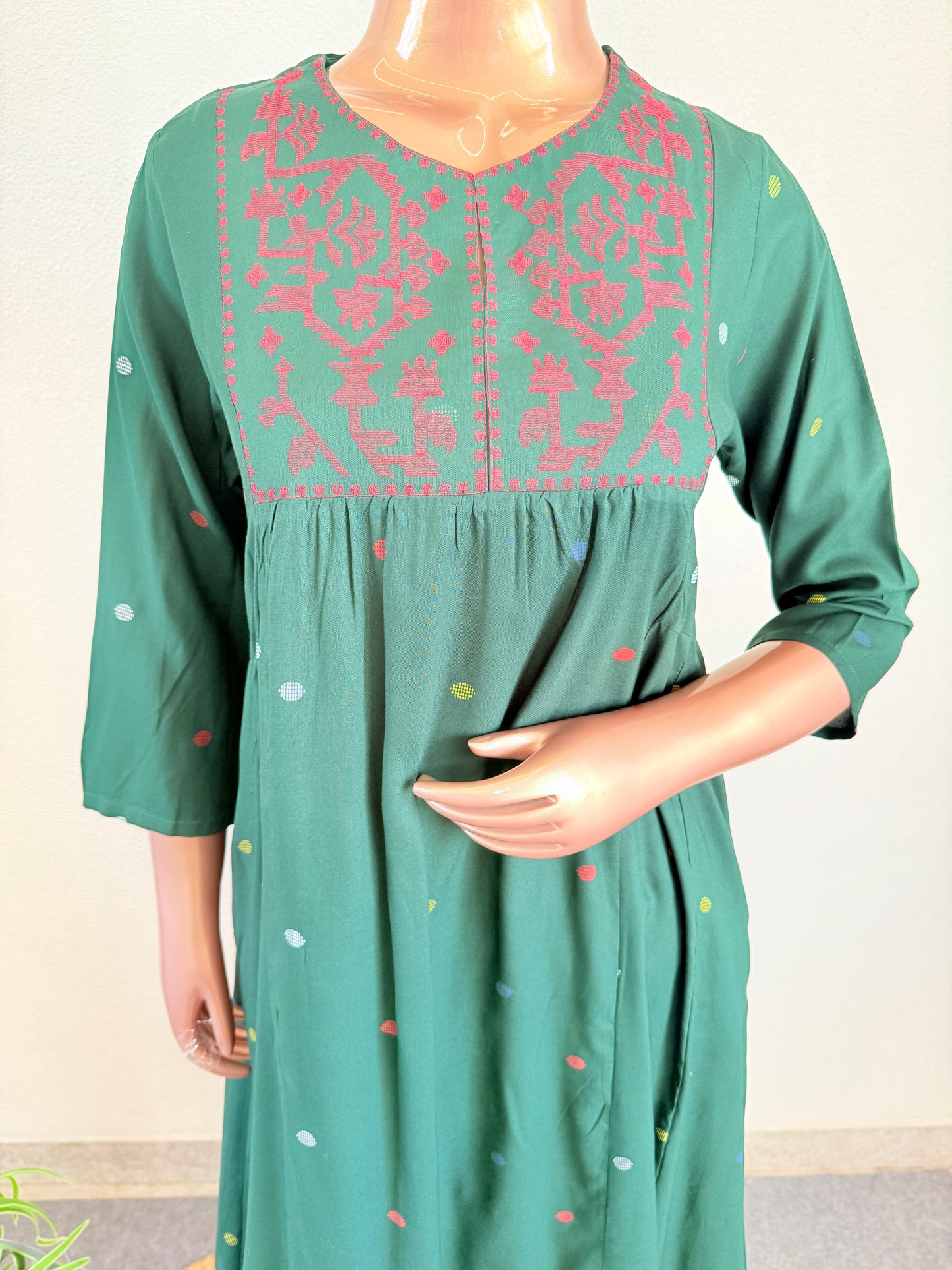 Deep Green Embroidered Round-Neck Kurti with Matching Printed Trousers