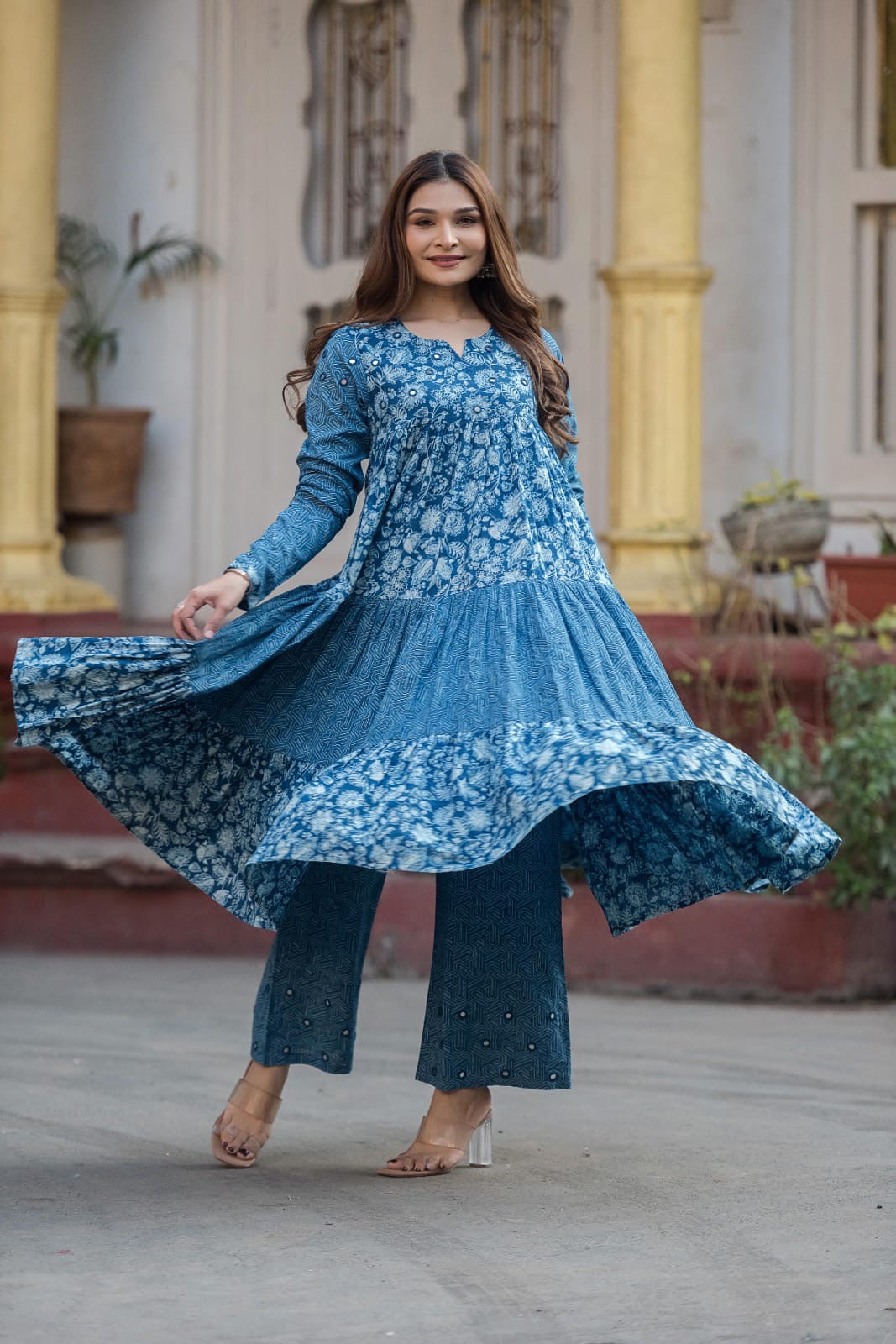 OG Indigo dyed Tiered Pattern Kurta Palazzo with Real Mirror Work