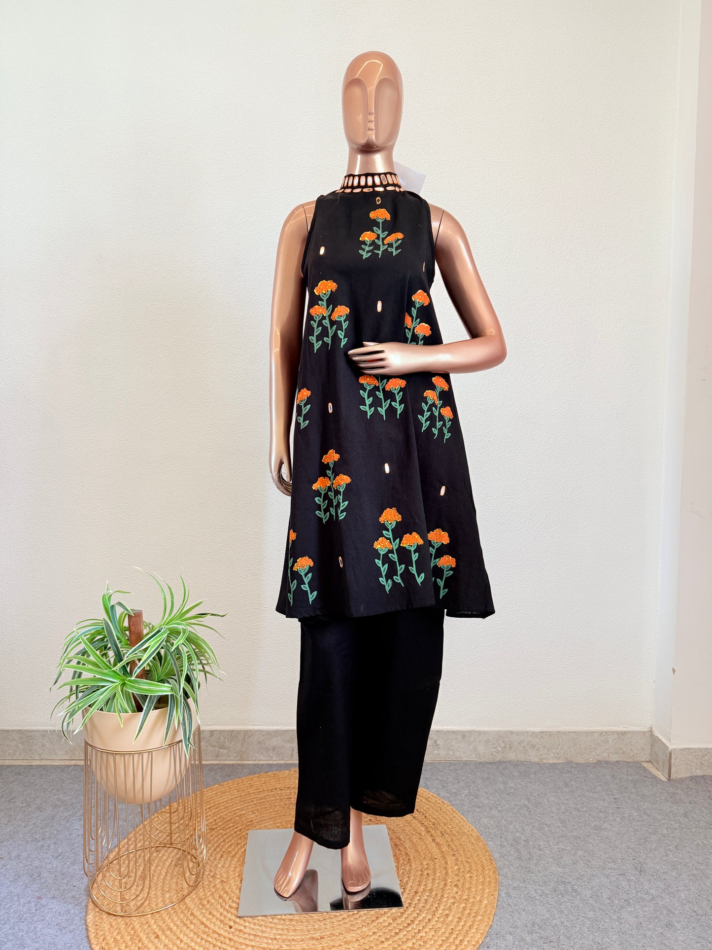 Black Cotton Tunic Top and Wide-Leg Palazzo Set