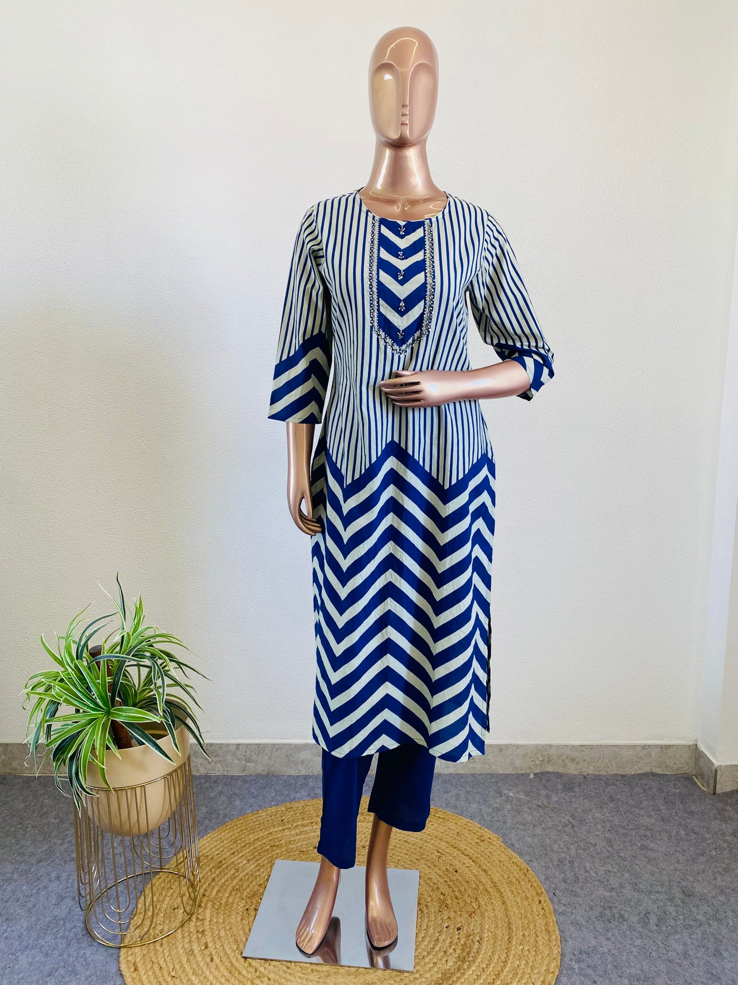 Zig Zag & Floral Cotton Suit Set - Blue