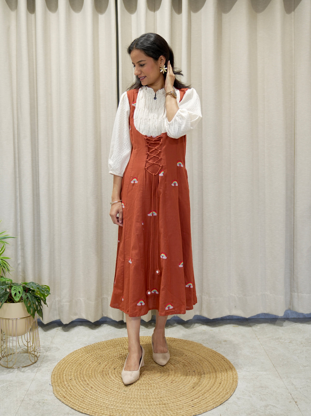 Cotton Flex Tunic with Smoking yoke and Rainbow Motifs