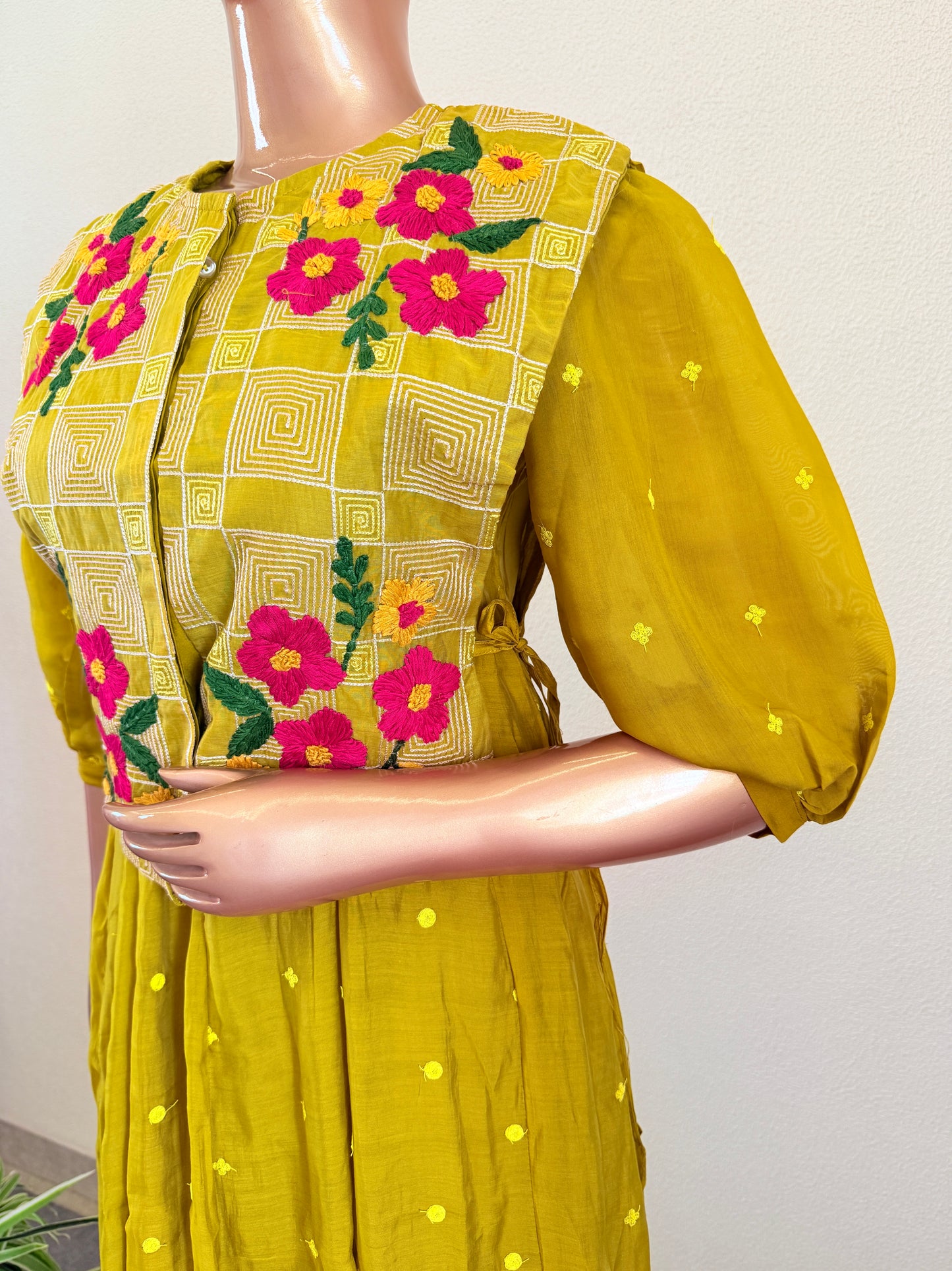 Olive Mustard Chanderi Anarkali Kurta Set with Embroidered Koti Jacket and Pants