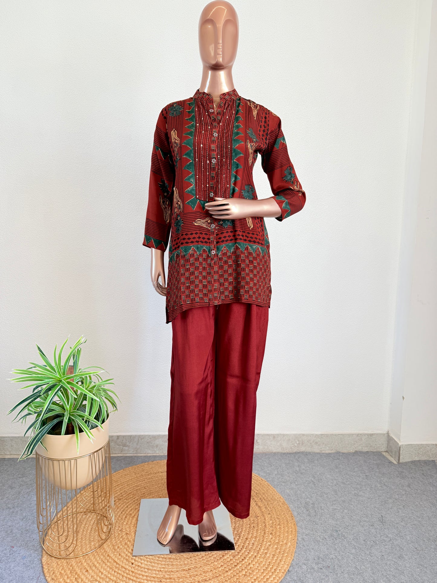 Rust Red Ajrakh Printed Coord Set