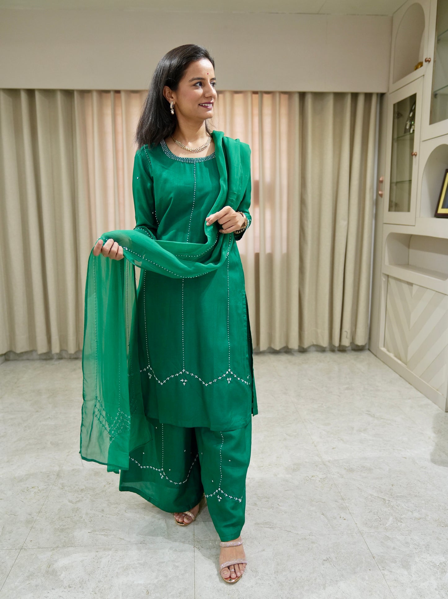 Karishma Dola Silk Premium Palazzo set with Pearl Work
