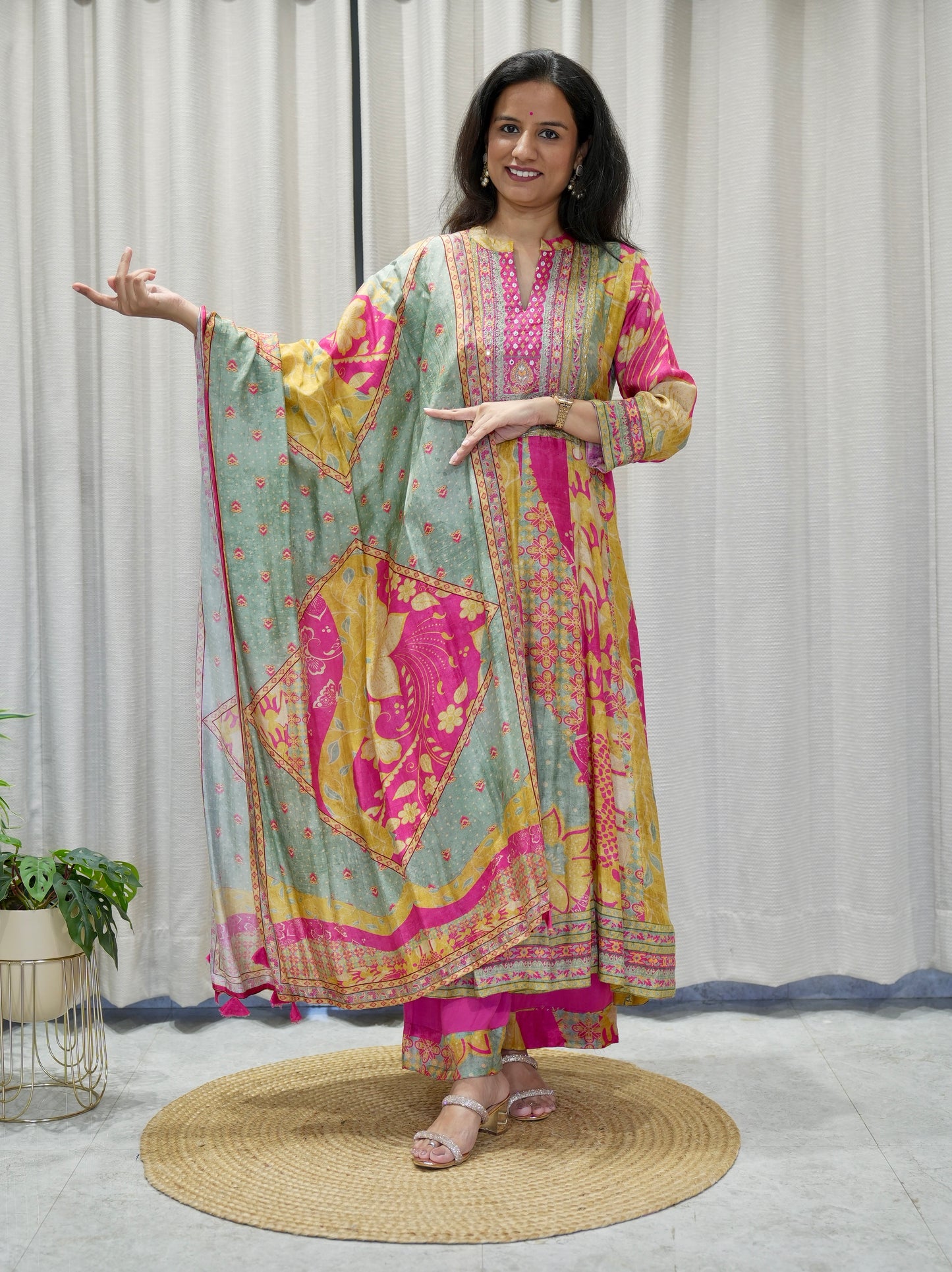Premium Designer Digital Print Dola Silk Anarkali Set