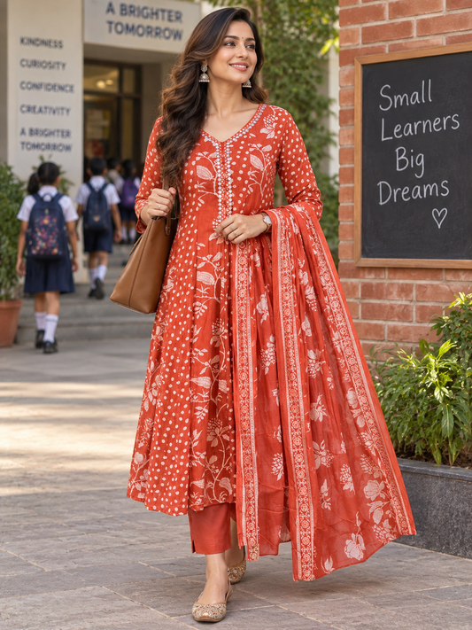 Mirror-Work Placket Anarkali Suit Set with Botanical Print Dupatta