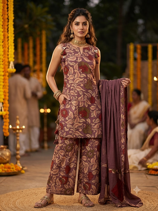 Kalamkari Print Sleeveless Kurta Set with Cowrie Tassels & Dupatta (Extra Sleeves Given)