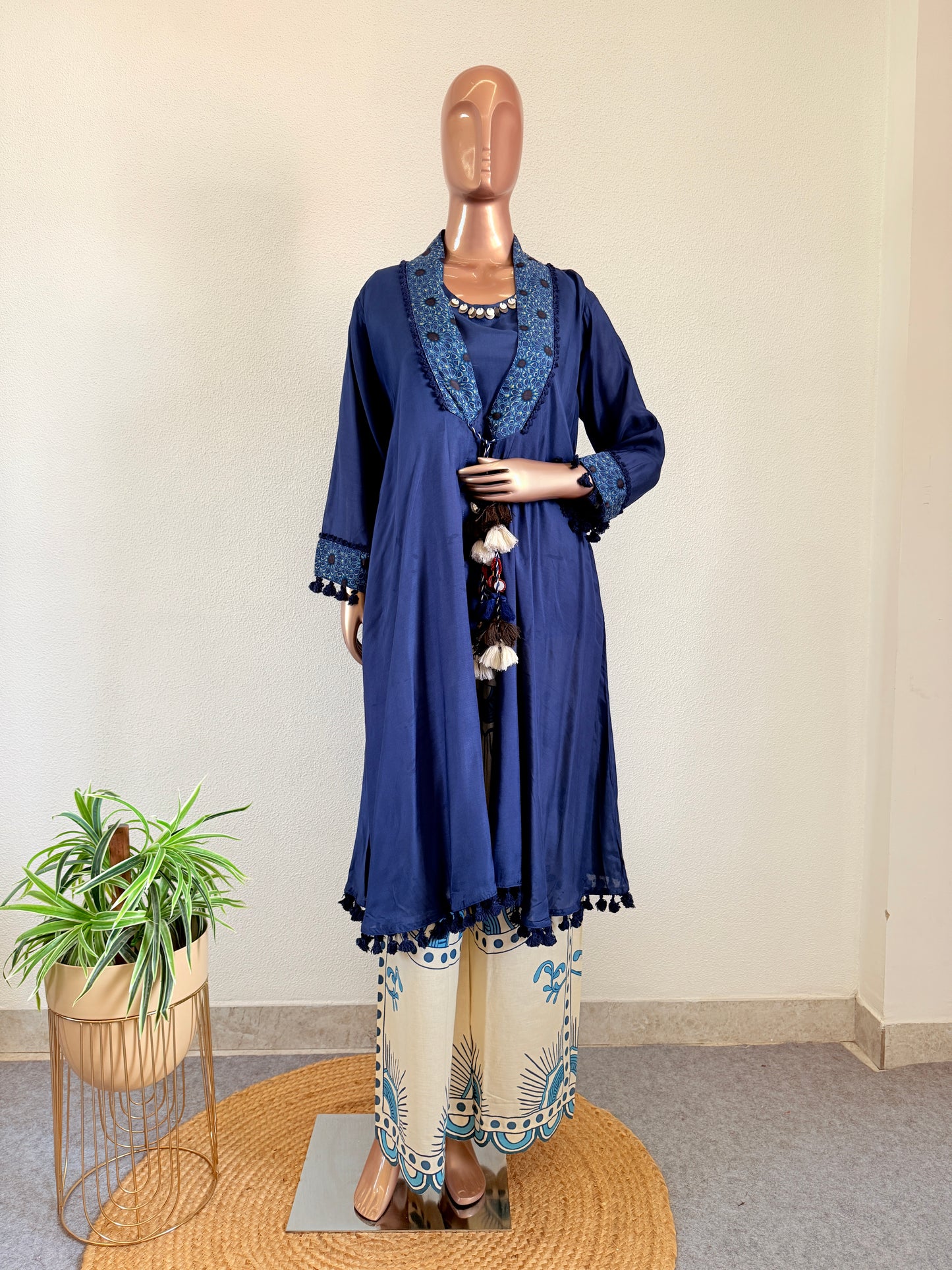 Muslin Long jacket Top with Printed Flex Wide Pants