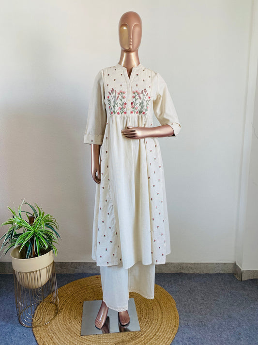 Cotton Flex Embroidered Kurta with Wide Pants