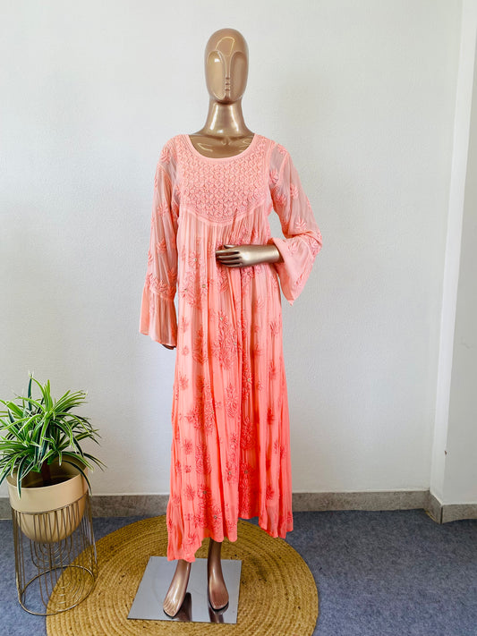Ombre Chikankari Kurti with Mukaish Work - Peach