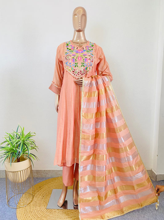 Mul Chanderi Frock Suit with Pittan Work on Yoke