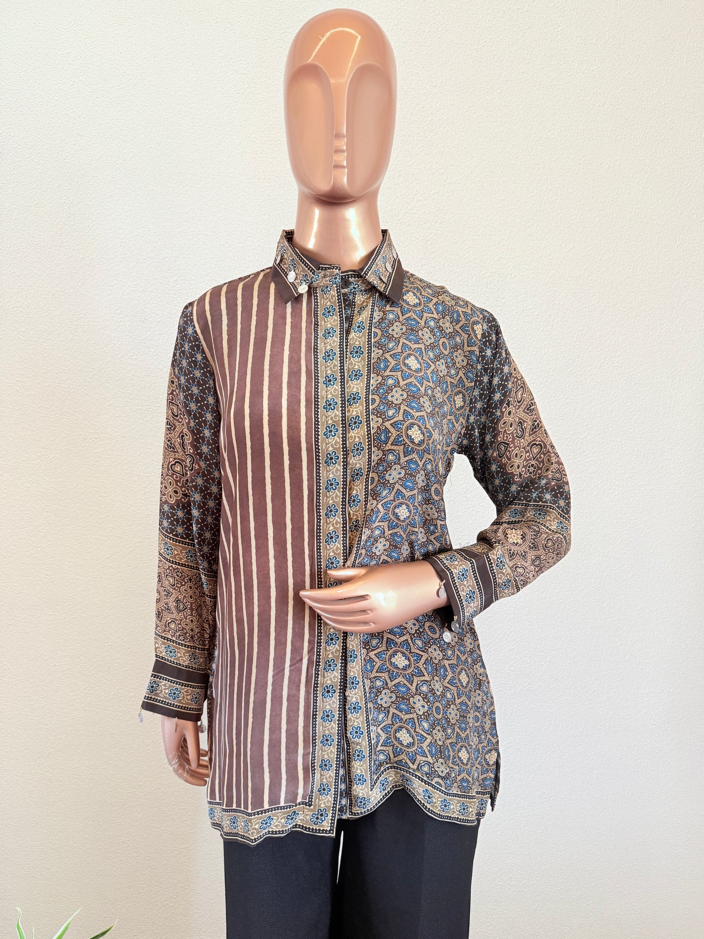 Ajrakh Printed Crepe Shirt with Striped Accents