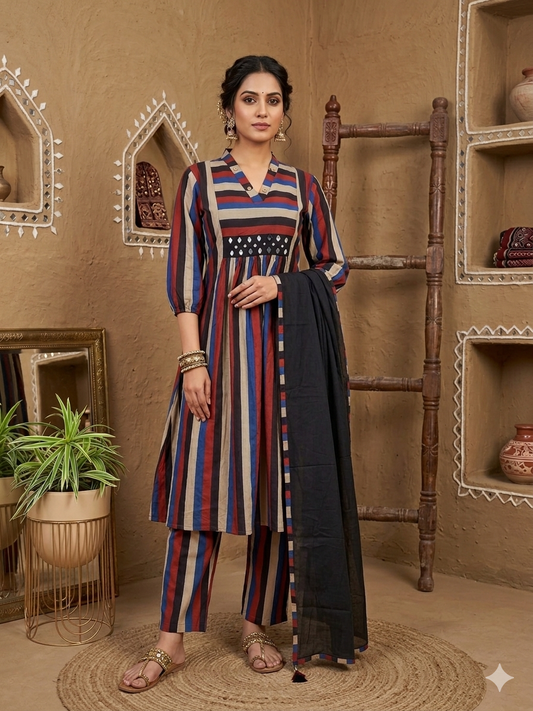 Kutch Style Real Mirror work Frock Suit Set with Stripes