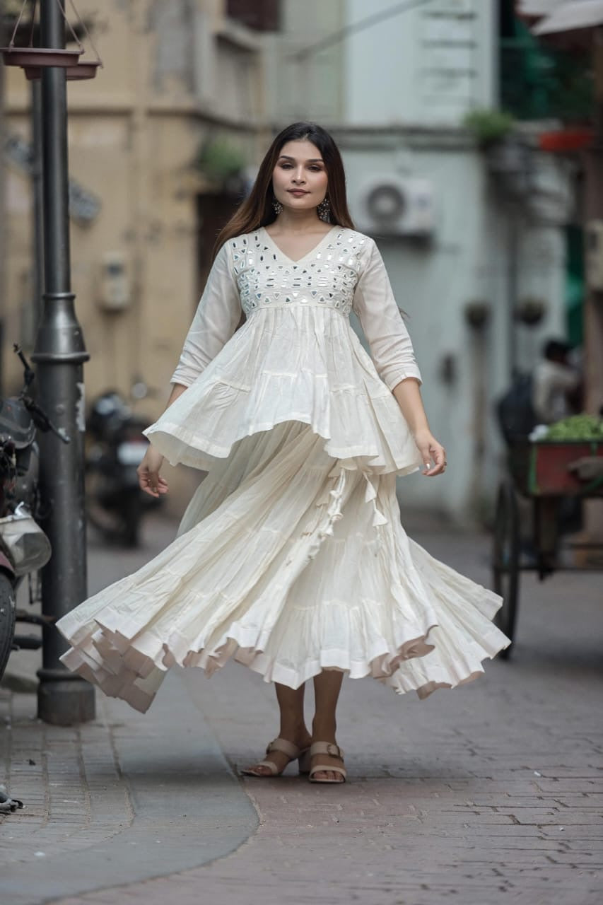 Kora Cotton Peplum Top and Flared Skirt with Real Mirror Work