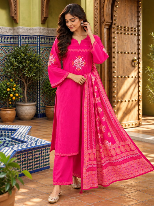 Rani Pink Cotton Flex Straight Suit Set with Pintuck & Mirror Accents