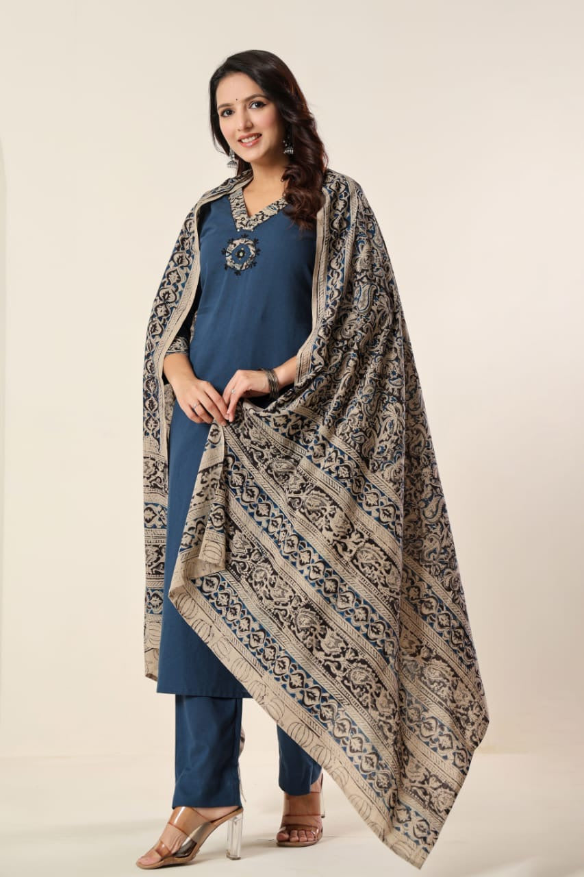 Cotton Kalamkari Suit Set with V Neck line
