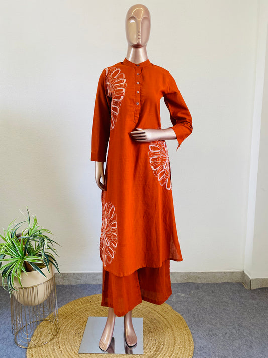 Placement Embroidered Cotton Flex Kurta Palazzo Set