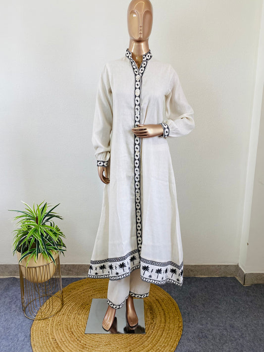 Embroidered Jute Cotton A-line Kurta Pant Set