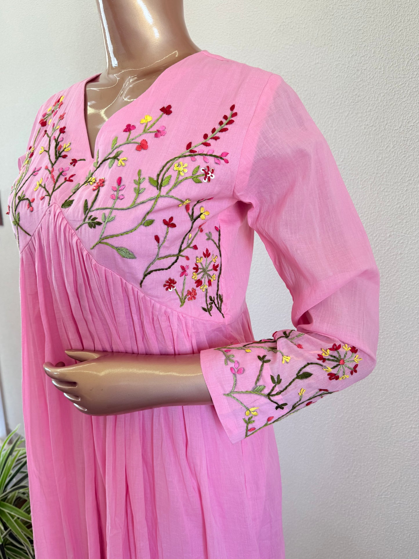 Malai Cotton Frock Suit Set with Hand Embroidery - Pink