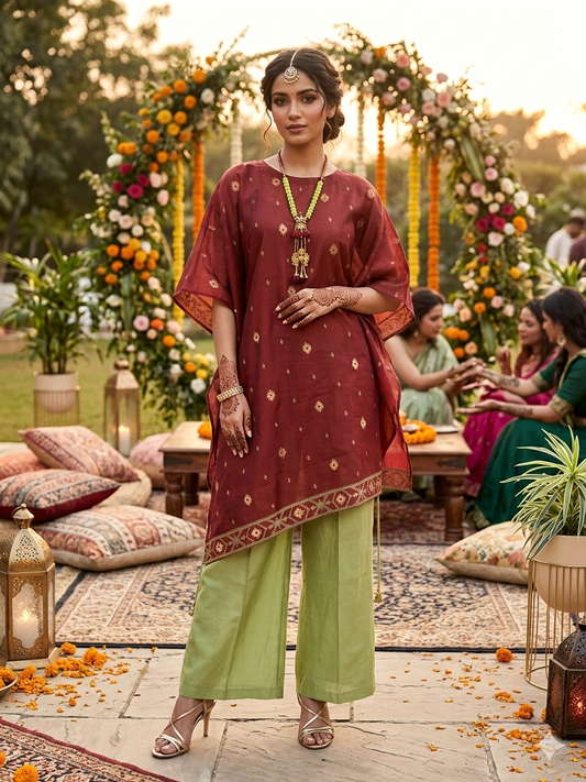 Chanderi Kaftan Indo Western with Neck Piece - Red