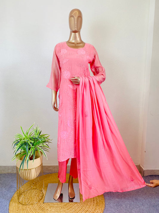 Pure Mul Chanderi Suit with Appliqué and French Knot Work