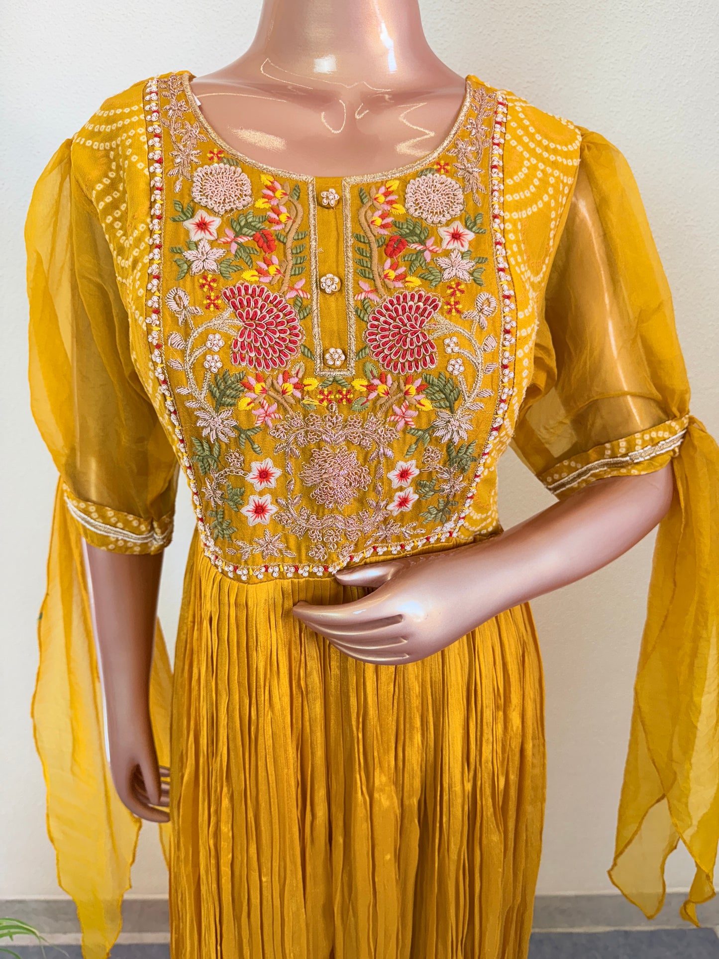 Chinon Gown with Bandhani Print Suit Set & Heavy work on Yoke & Organza Sleeves