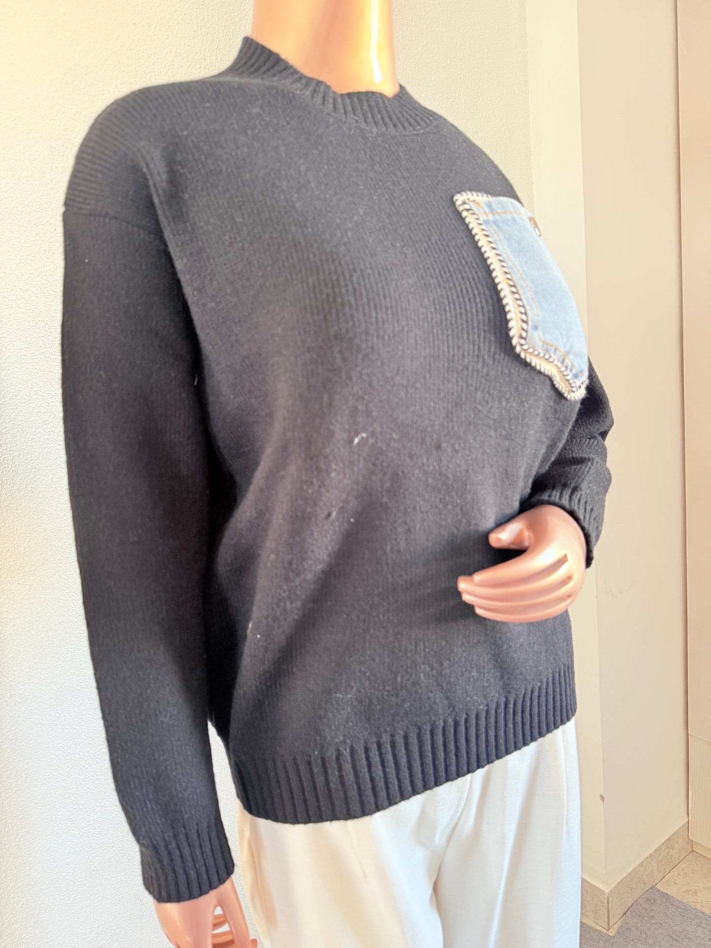 Woollen Sweater with Denim Pocket - Black