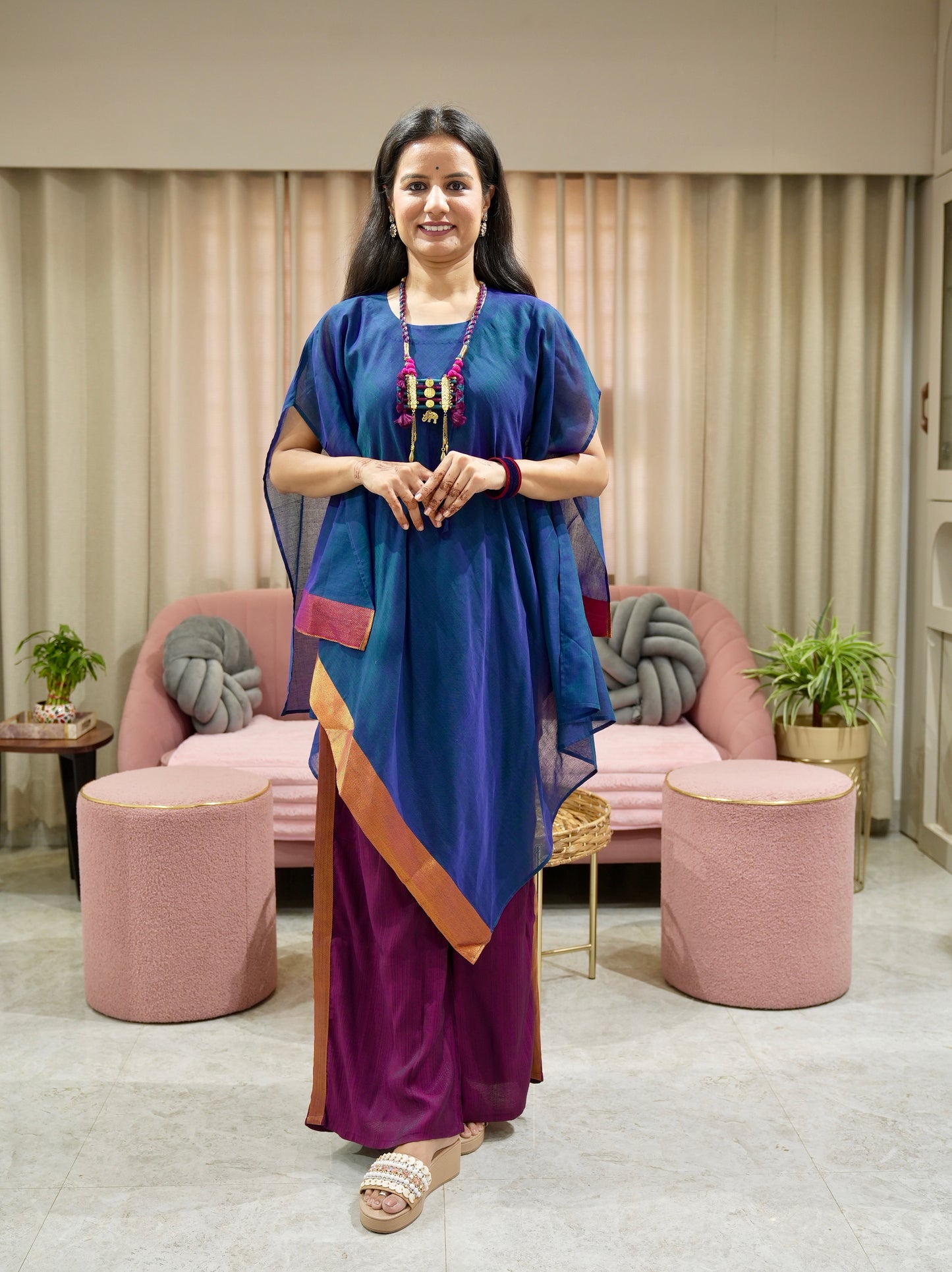 Chanderi Kaftan Indo Western with Neck Piece - Blue
