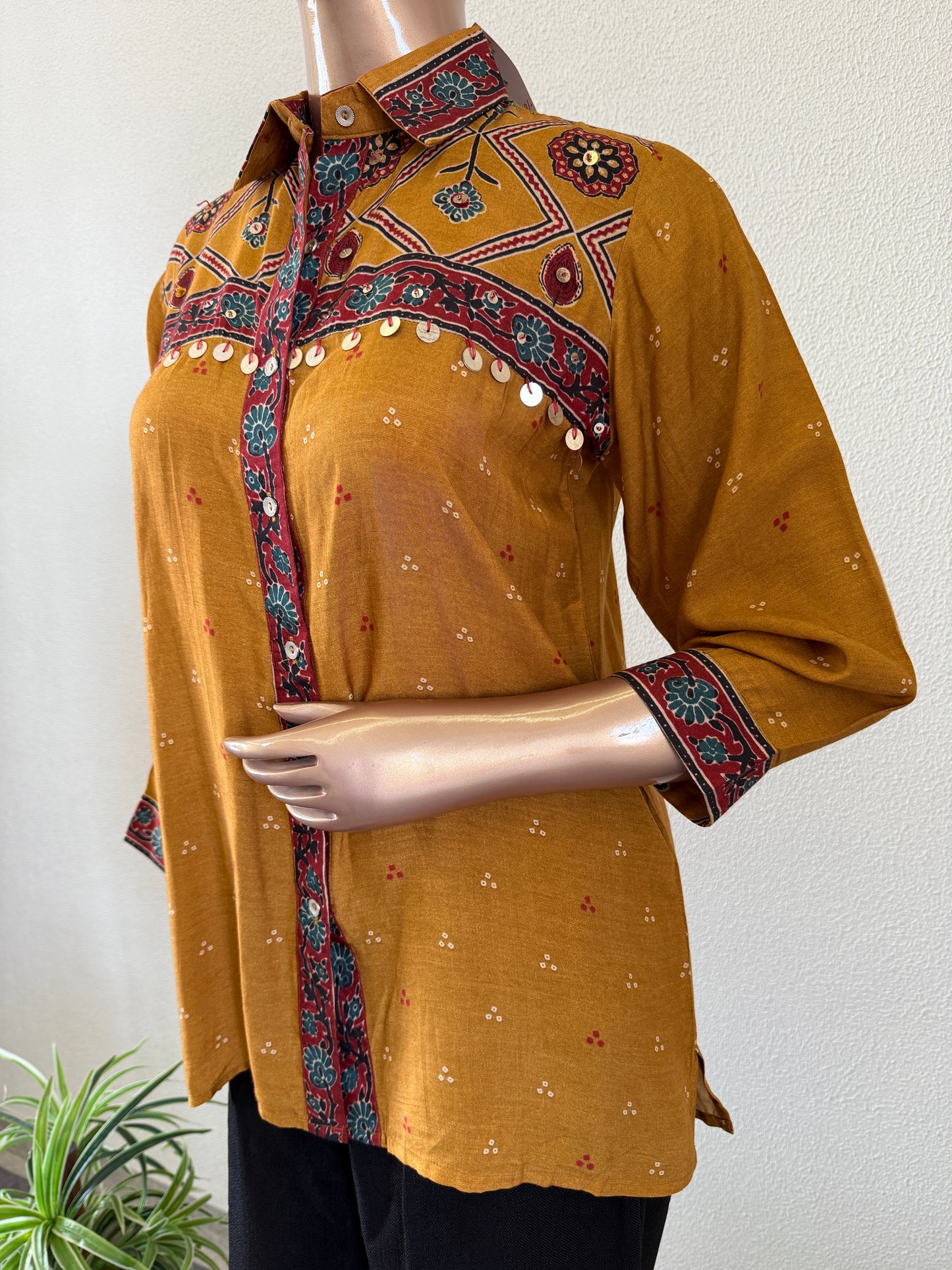 Digital Ajrakh Print Muslin Shirt- Mustard